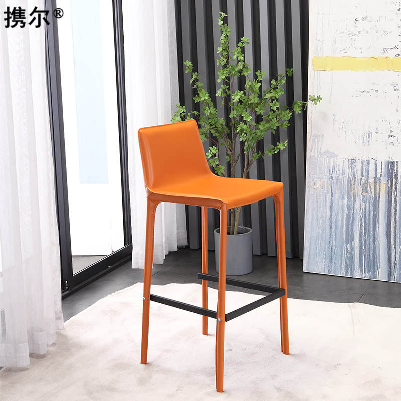 Nordic simple modern saddle leather back bar chair home KTV front desk coffee milk tea shop high stool orange