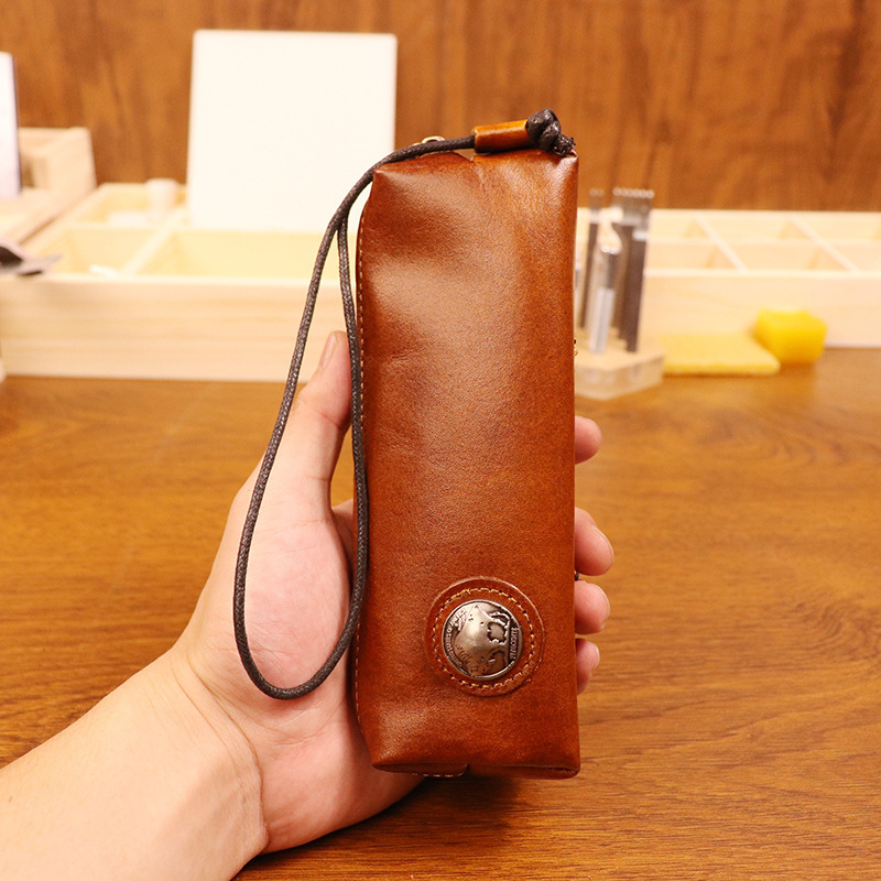 First-Layer Cowhide Pipe Bag, Vintage Distressed Pipe Storage Bag, Simple Small Storage Leather Bag with Wrist Strap, Portable