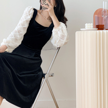 Full honey custom black square collar French velvet stitching dress female slim Hepburn style little black dress 2021 autumn style