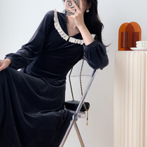 Full nectar custom dark grey velvet v collar French style Temperament Splicing Tandem Dress Woman slim 2021 Autumn Dress Shirt