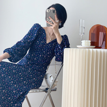 Full honey Custom Blue Folds V Collar Method style Conspiculess Dress Woman 2021 Chunqiu New Broken Flowers Dress