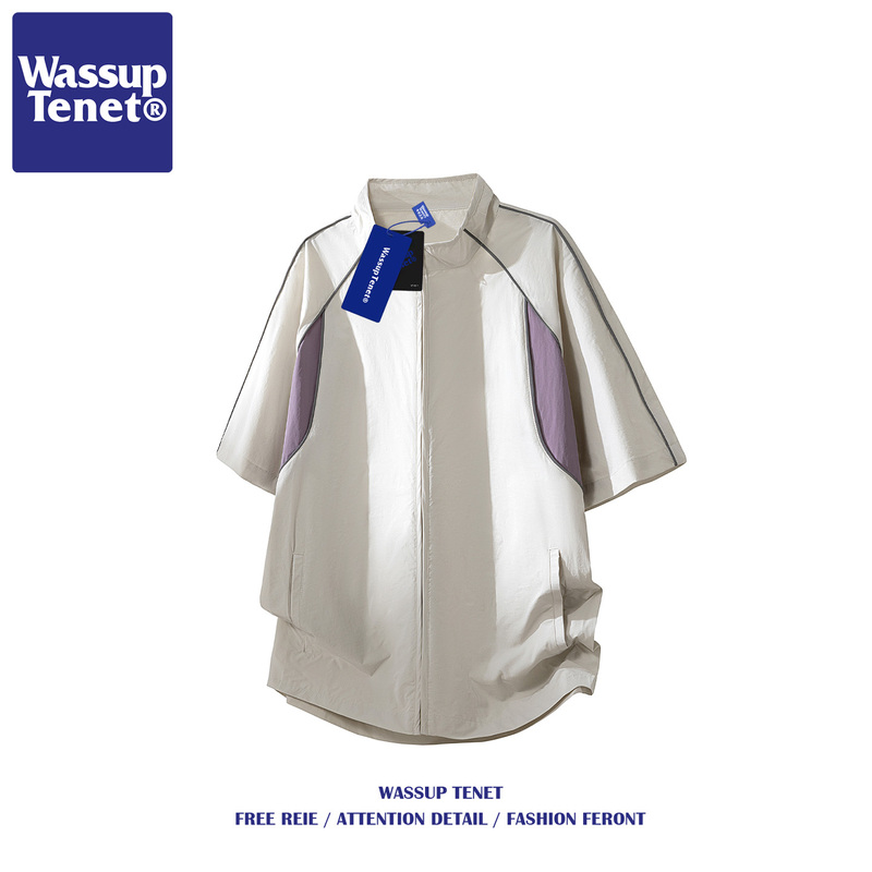 Wassup Tenet American-Style Color-Blocked Stand-Up Collar Sports Short-Sleeved Shirt for Men, Summer Quick-Drying Sun Protection Shirt