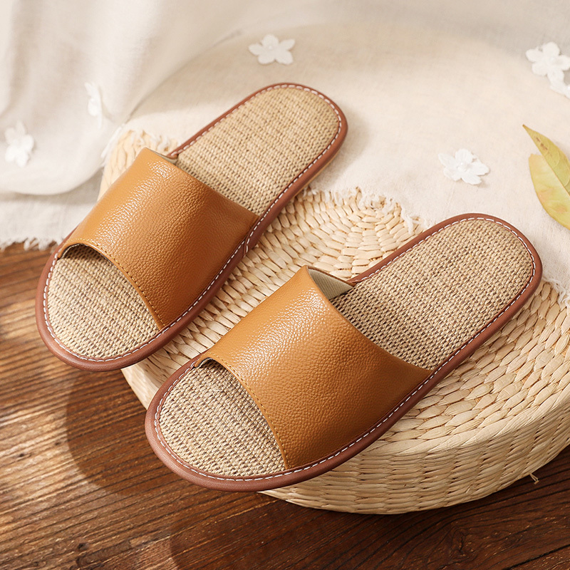 Japanese-Style Genuine Leather and Linen Slippers for Women, Summer Non-Slip, Sweat-Absorbent, Indoor Leather Slippers for Men, Soft Sole soft sole