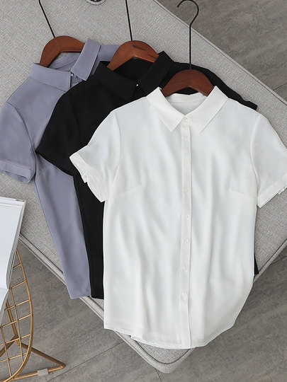 Double-layer anti-seepage light breathable chiffon shirt women's short-sleeved slim square collar summer business wear temperament drape top