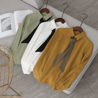 Chiffon White Shirt with Tie for Women, Cool and Stylish, Long-Sleeved, Preppy Style, Japanese Style, Bow Tie, Intellectual, Loose Top