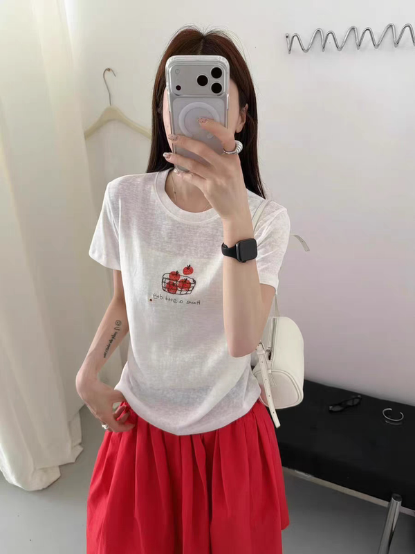 2026 New Summer Tomato Basket Letter Snowflake Cotton T-Shirt for Women, Casual Versatile Round Neck Pullover Base Shirt Top