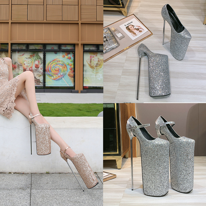Influencer Picks Super High Heels, Stiletto Heels, 30cm Performance, Shallow Sequin Shoes, Sexy and Interesting Nightclub Large Size