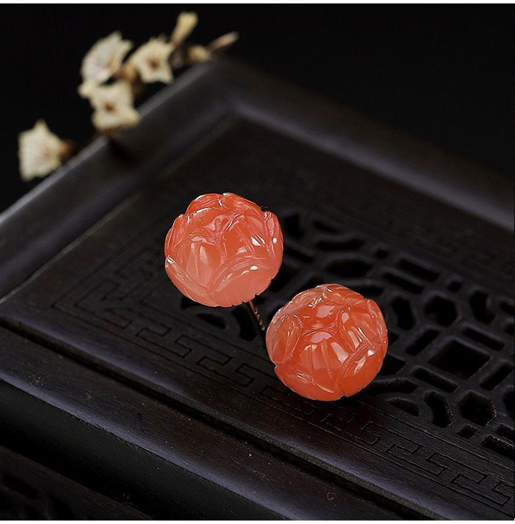 Серьги 熙素原创耳钉古风南红和田玉玛瑙复古莲花简约玉质耳环女纯银耳饰