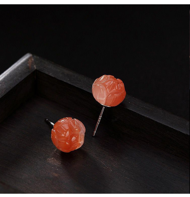 Серьги 熙素原创耳钉古风南红和田玉玛瑙复古莲花简约玉质耳环女纯银耳饰