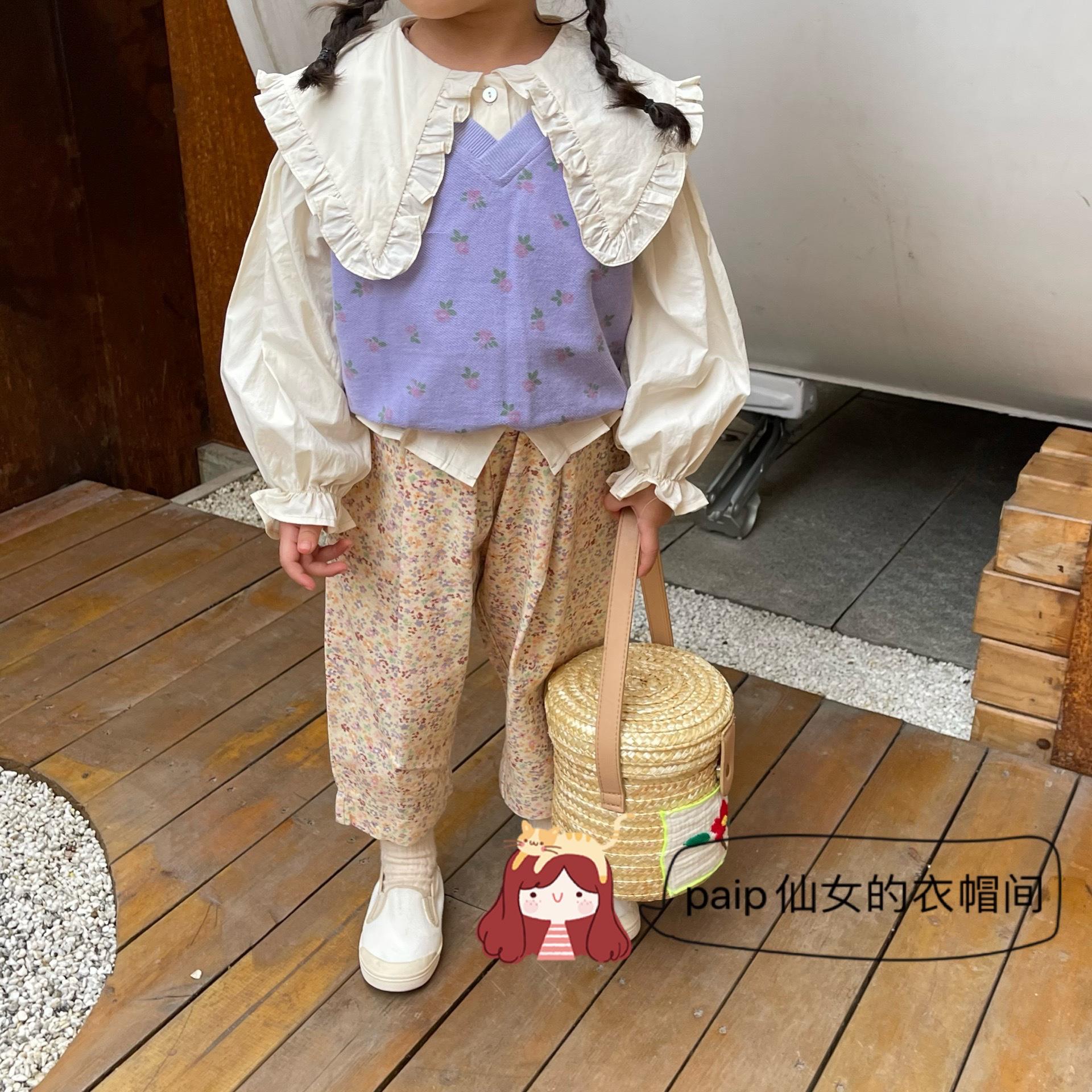 2021 children's wear floral denim wide pants lapel lace shirt vest set girls ins style Korea paip