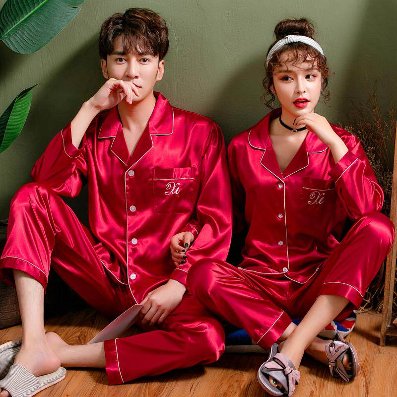 New wedding couple sleeve silk spring and autumn new festive red men and women married ice silk home suit