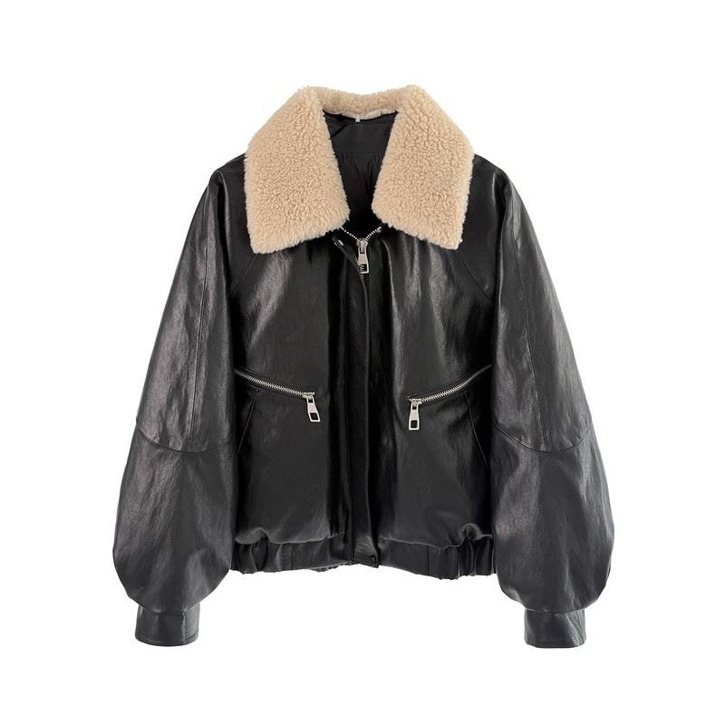Off-Season Leather Jacket, Black Loose-Fitting Leather Jacket with Wool Collar, Genuine Leather and Goose down Lining, Short Motorcycle Jacket for Women