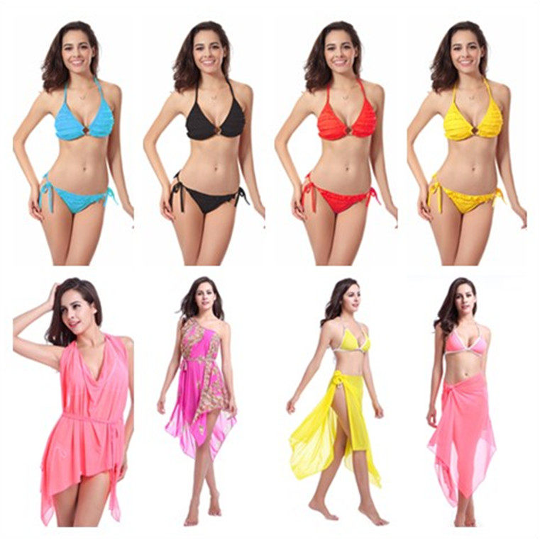 Spa Beach Bikini Seaside Resort Sexy Thickened Underwear Lace Bra Cloak Swimsuit Woman Three Sets