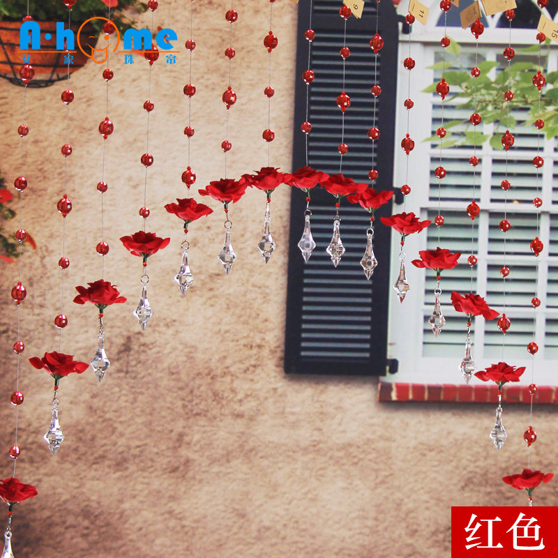 Rose Flower Wedding House Arrangement Door Curtain Indoor Crystal Cute Decorative Mesh Red Bead Curtain Bedroom Teenage Girl Nordic Short Hanging Curtain