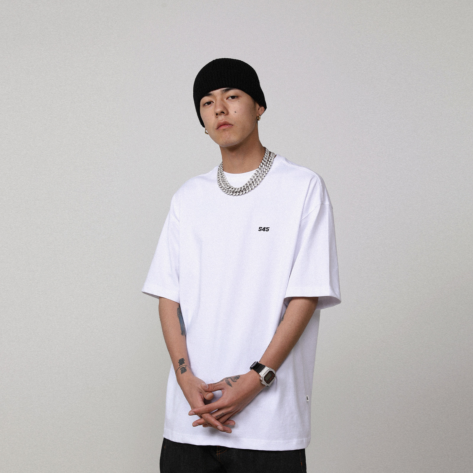 S45 (original 1807) summer basic cotton round collar tide brand short sleeve black and white T-shirt men loose casual base