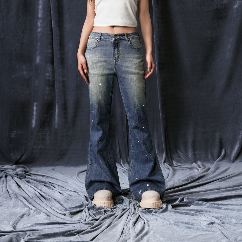1807 Women's Lightning Pattern Washed Denim Flared Pants New American Retro Spray Horse Print Design Slim Fit Long Pants Trendy