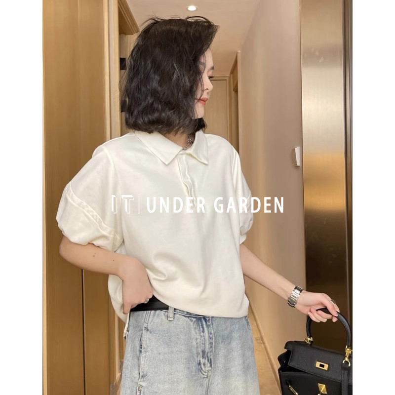 It under Garden Polo Collar Short-Sleeved T-Shirt Summer European Style Loose Puff Sleeve Top Women's Niche T-Shirt