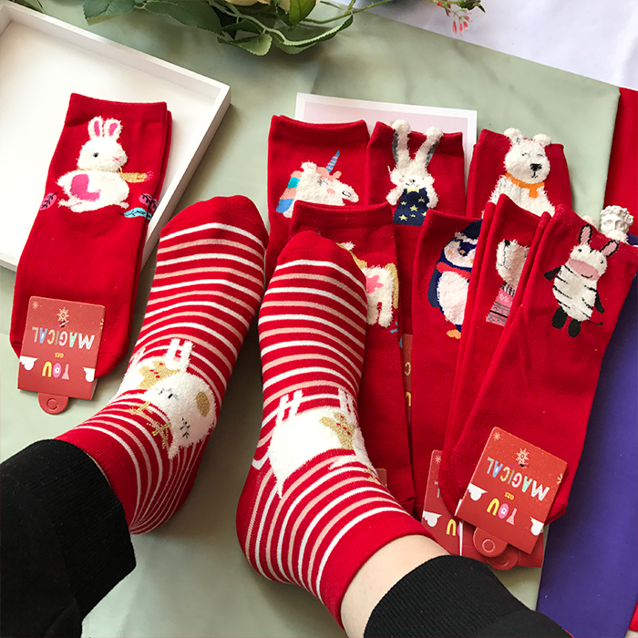 Phim hoạt hình dễ thương năm sinh vớ sinh viên vớ cotton Giáng sinh vớ ống vớ mùa đông ấm đỏ vớ phụ nữ tất nữ hàn quốc