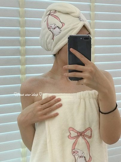 可爱蝴蝶结兔子浴巾浴裙干发帽套装女超强吸水珊瑚绒洗脸毛巾裹巾