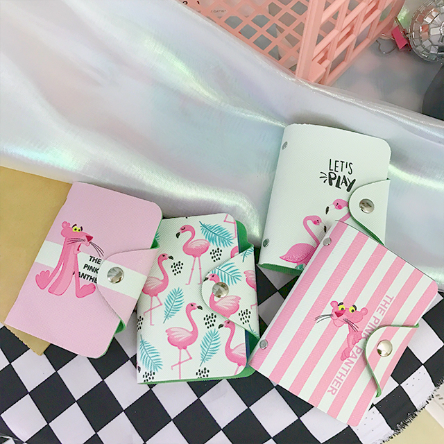 Cô gái tim pu túi thẻ đa thẻ bộ thẻ chút flamingo giữ danh thiếp văn bản gói phim hoạt hình dễ thương thẻ sinh viên hợp tác ví da