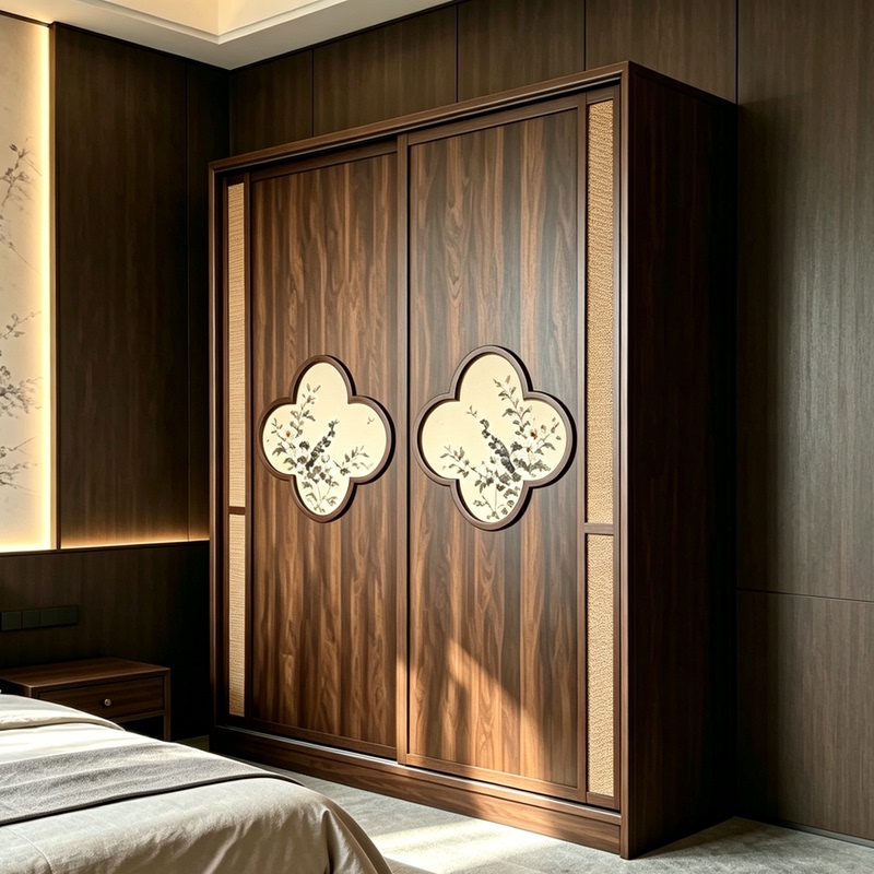 Song-Style Aesthetic Black Walnut Wood Wardrobe with Floral Painting, Linen Vertical Stripe Decoration, Bedroom Clothing Storage Cabinet