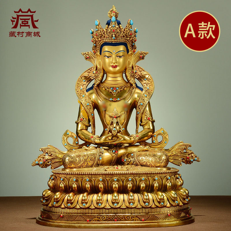 Tibetan Village Fully Gilded "Longevity Buddha" Indoor Home-Use Gemstone-Inlaid Desktop Copper Buddha Statue Ornament