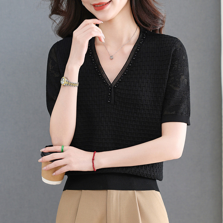Summer V-Neck Ice Silk Women's T-Shirt Short-Sleeve 2026 New Lace Trim Beaded Base Shirt Loose Thin Top