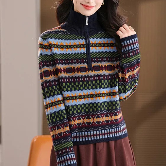 2026 New Women's High-Neck Zippered Geometric Striped Knit Sweater Pullover for Autumn and Winter Vintage Style Top