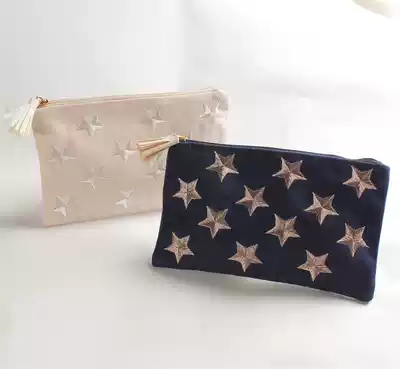 Cotton canvas embroidered star small bag small cosmetic bag tassel pendant long square bag storage bag plus mobile phone bag
