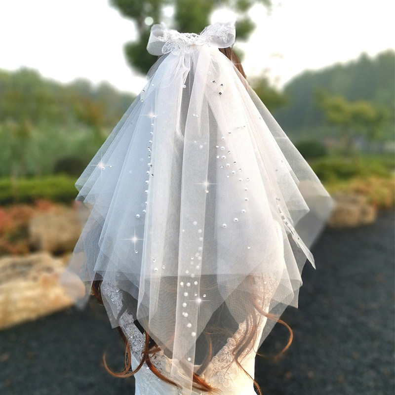 Head-header super-sen fabric of hand pearl water drilling bride wedding veil butterfly knot multi-layer short