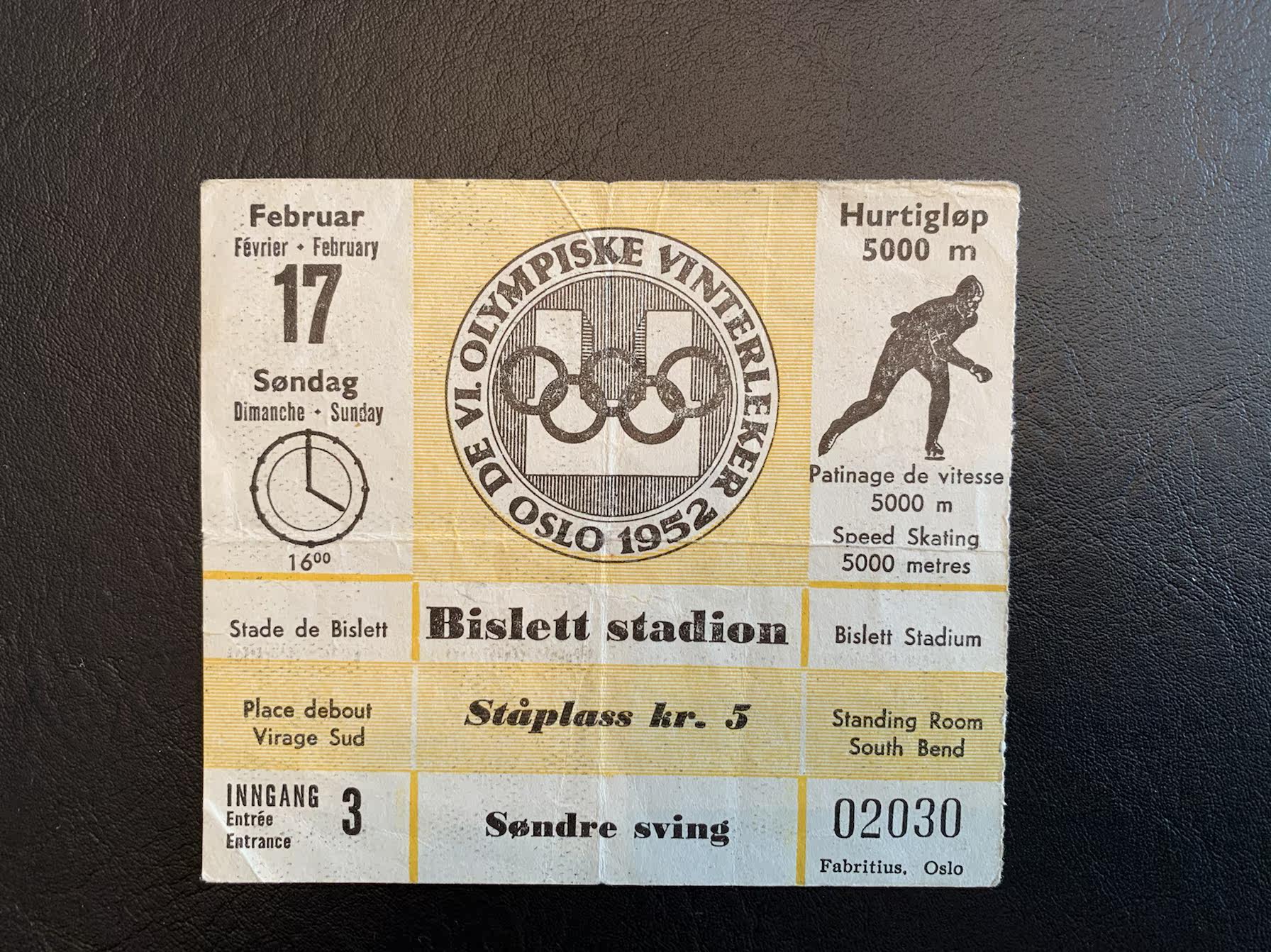 A0123 1952 Winter Olympics speed skating tickets for the Oslo Winter Olympics