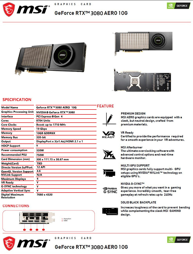 Видеокарта msi微星rtx3080 10g公版涡轮双槽显卡超算ai渲染 单涡扇 尾部供电