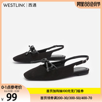 West meets flat shoes women shallow mouth 2020 new autumn retro square head suede bow tie Muller shoes women