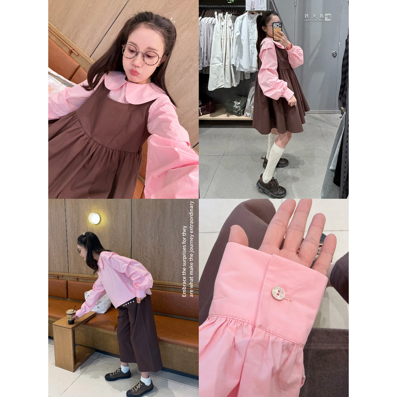 Monkey Home Autumn Pink Back Zipper Doll Collar Ruched Sleeve Japanese Style Loose Fit Versatile Shirt