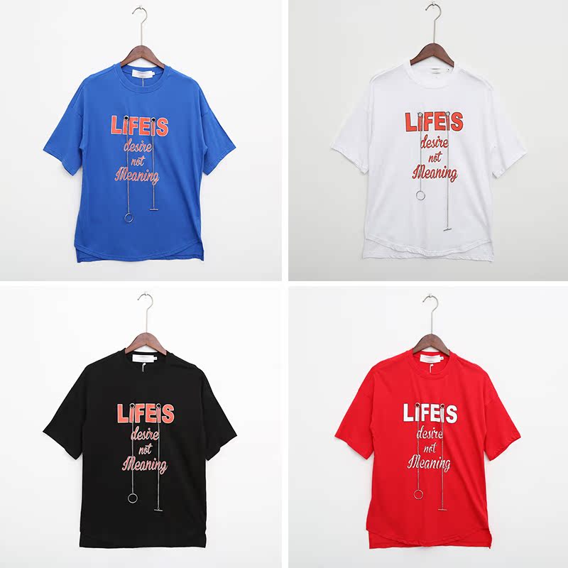 蔡先生韩版夏季新款宽松铁环吊链字母男士短袖T恤青年休闲体恤tee