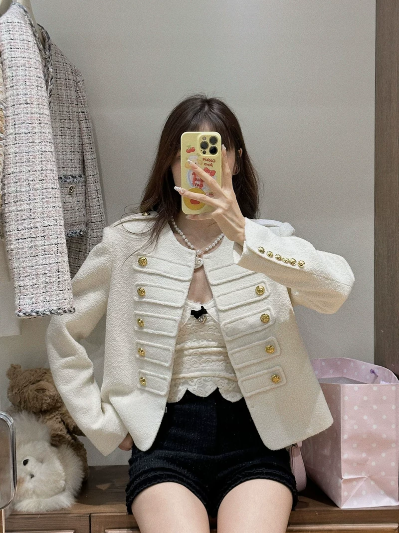 Белый шерстяной короткий жакет, стиль Chanel