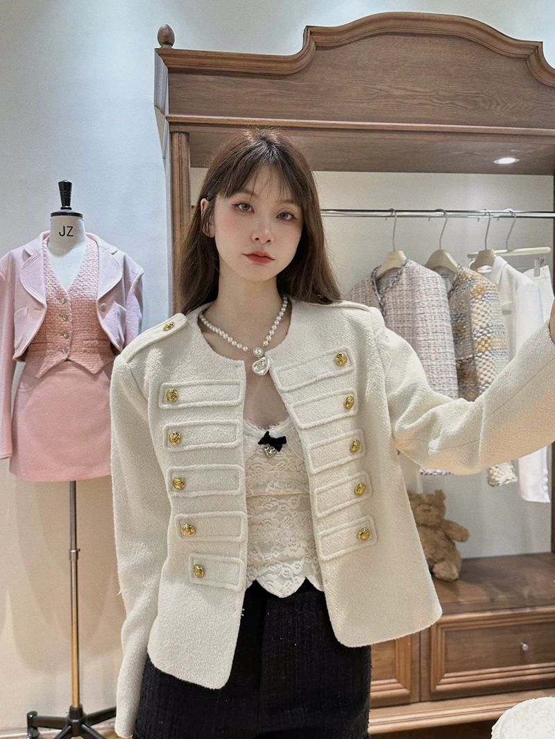 Белый шерстяной короткий жакет, стиль Chanel