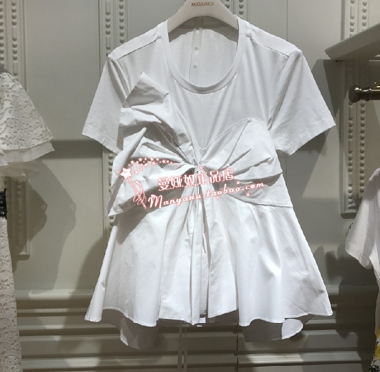 Manyano 2019 summer fashion elegant round neck bow short-sleeved top T-shirt MJ22RA063