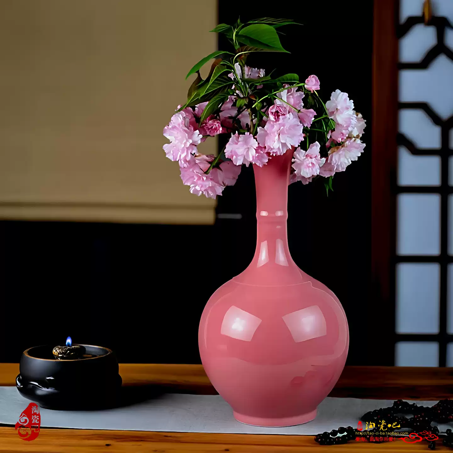 景德镇陶瓷颜色釉粉红色花瓶玉壶春插花器新中式居家客厅装饰摆件