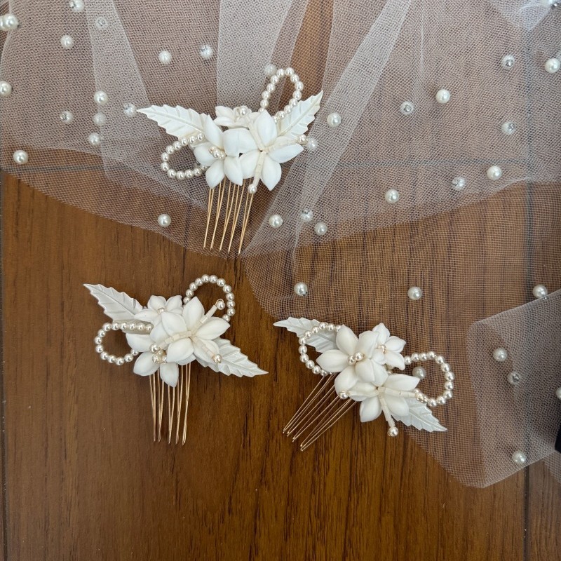Super Fairy Shell Pearl Ceramic Hair Comb, European Style White Floral Hard Porcelain Hair Accessory, Korean Style High-End Bridal Accessory Comb