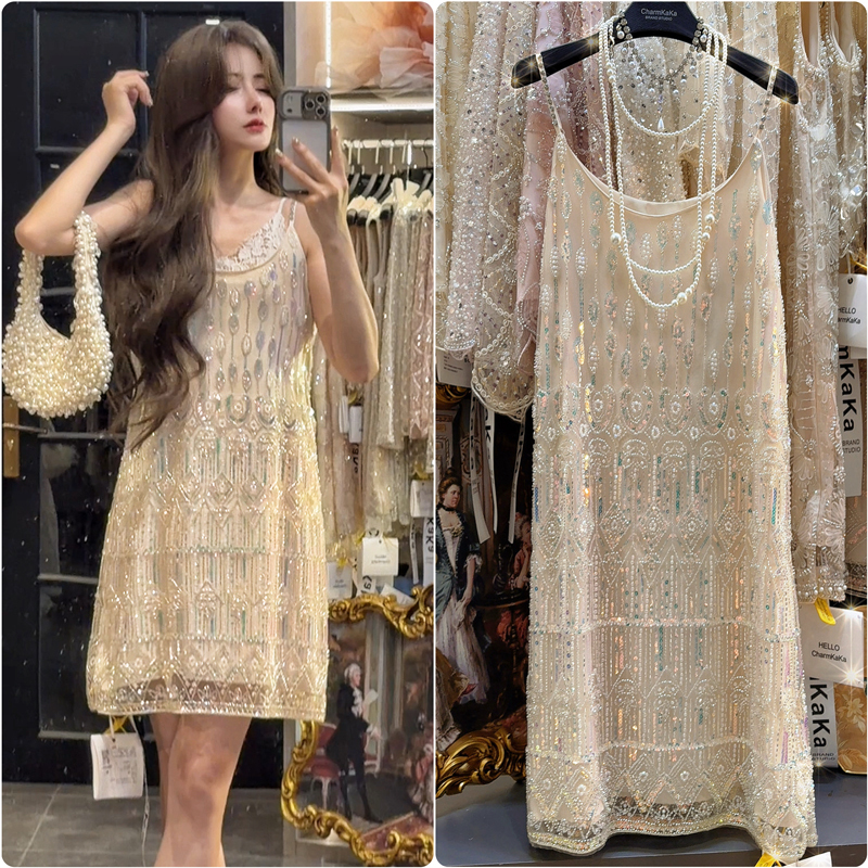 【Lingmi Short Poem】64555 Heavy Beaded Strap Dress Plus Size Fat Girl Formal Dress 【Lingmi Short Poem】64555 Heavy Beaded Strap Dress Plus Size Fat Girl Formal Dress
