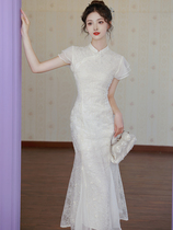 Bridesmaid Dress New Chinese Style National Wind améliorée Embroidery Qipao Fish Tail Collar Certificate Engagement White Dress Banquets Dresses