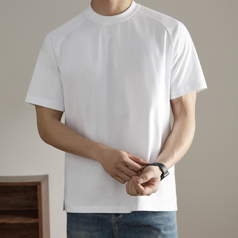 260g Raglan Sleeve Small Neckline Round Neck Sports Short-Sleeved Men's Side Slit American Retro Heavyweight Pure Cotton White T-Shirt