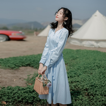 Plain Left Bank blue long sleeve dress female summer design sense niche 2021 New Summer small skirt