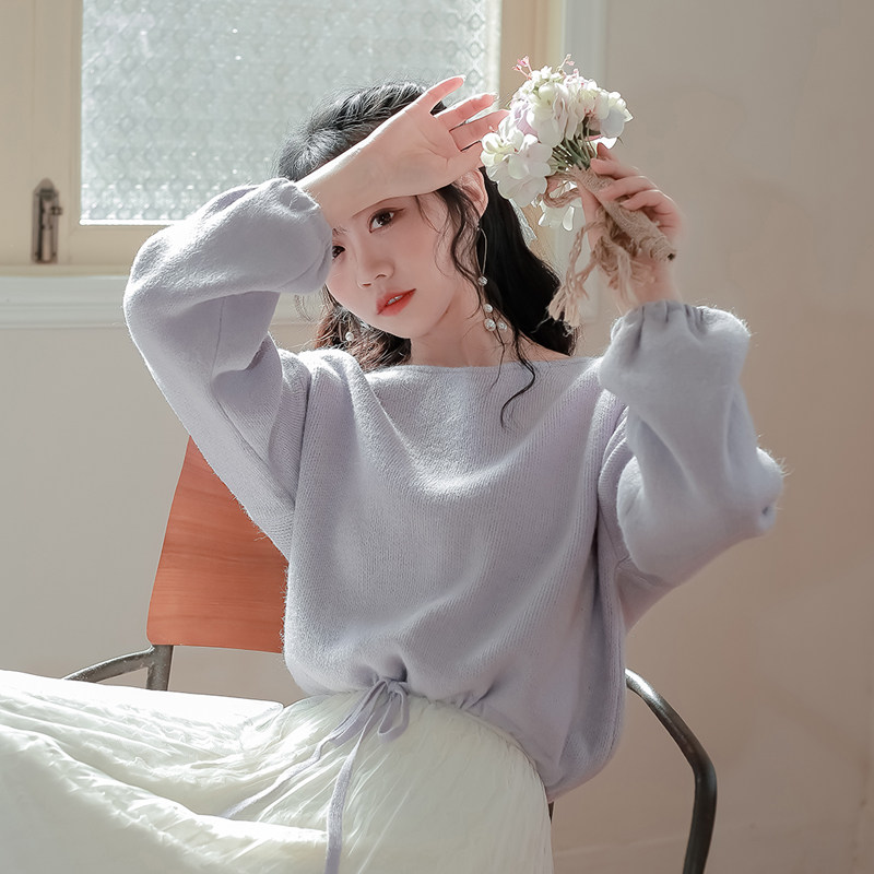 Lazy Breeze Super-Fire Taro Purple Sweater Woman Short 2021 Autumn Winter New drawing rope to collect waist polo Knitted Sweatshirt Blouse