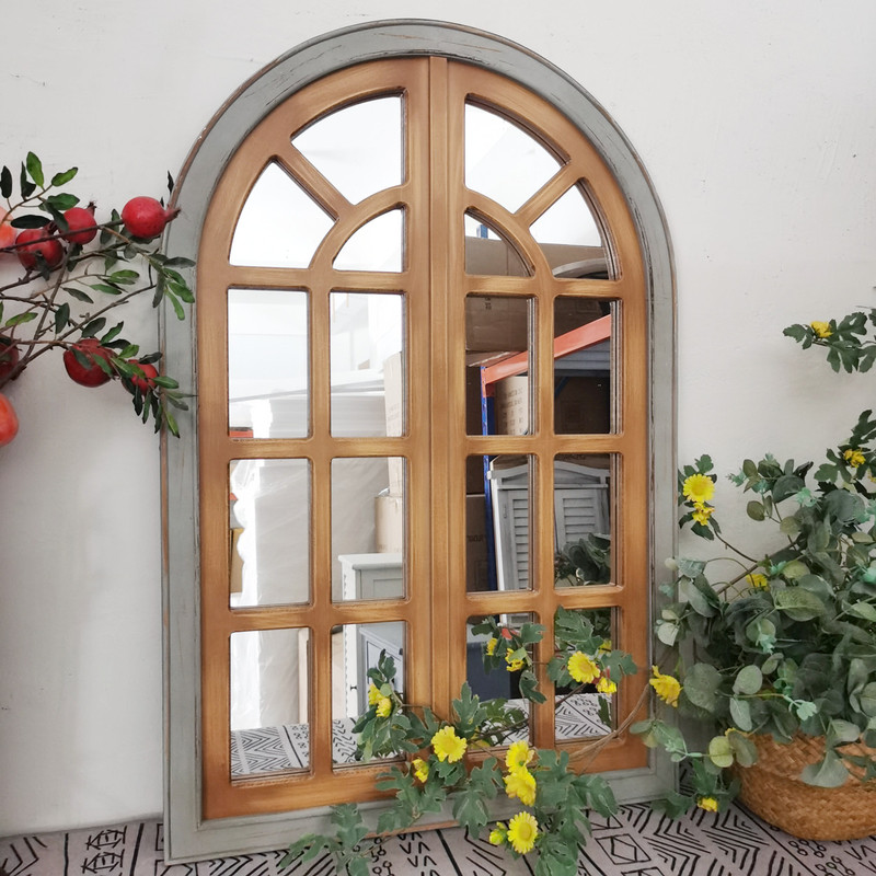 American-Style Wooden Faux Window Decorative Hanging Piece, French Vintage Wooden Window Frame, Balcony Wall Distressed Arch-Shaped Mirror