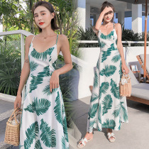 Sanya summer temperament sweet resort wind seaside holiday skirt leaf print long jumpsuit floral suspender skirt dress women
