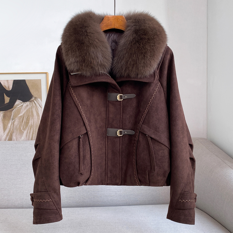 Gupaiqi 2026 Winter Fox Fur Collar Suede Fur Coat Women's 90% White Goose down Parka Short Style Gupaiqi 2026 Winter Fox Fur Collar Suede Fur Coat Women's 90% White Goose down Parka Short Style