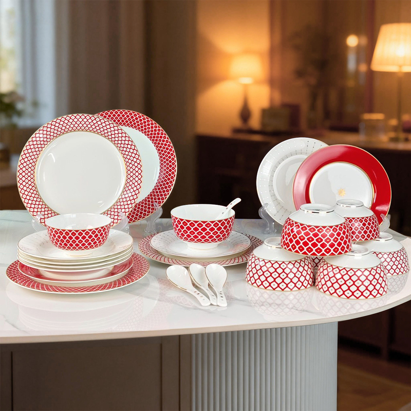 Ceramic Tableware Set, High-Quality Red Bone China Bowls and Plates, High-End Housewarming and Wedding Gift Box Set