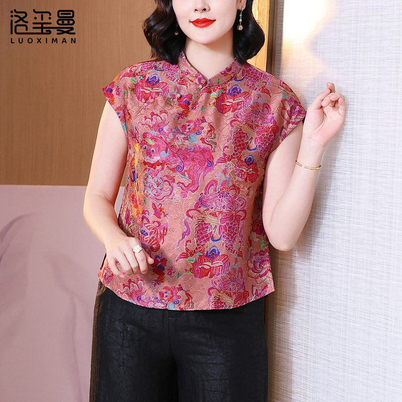 Floral Fragrant Cloud Silk Mulberry Silk Top for Women, Summer Stylish Short-Sleeved Light Luxury Plus Size New Chinese Style Mother's Silk T-Shirt